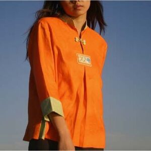Orange Women's Blouse with Cream Accents